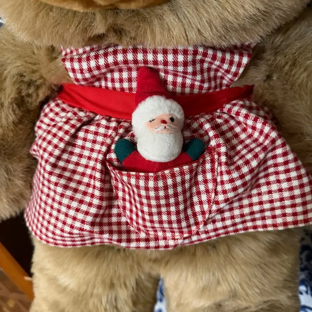 RARE Vtg JC Penny Holiday Collection Bear Large Plush Gingham Apron Christmas